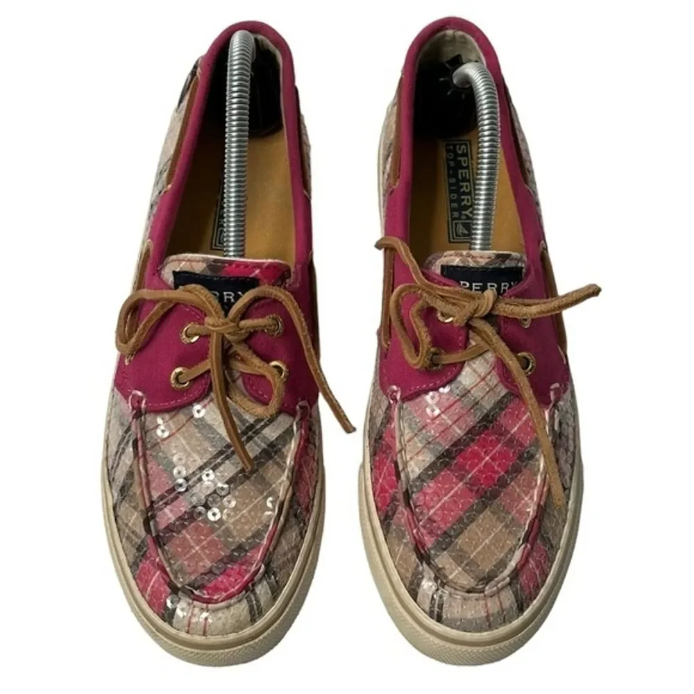 Sperry Bahama Boat Shoes Womens 7M Pink Plaid Fuchsia Sequin Slip On 9448226